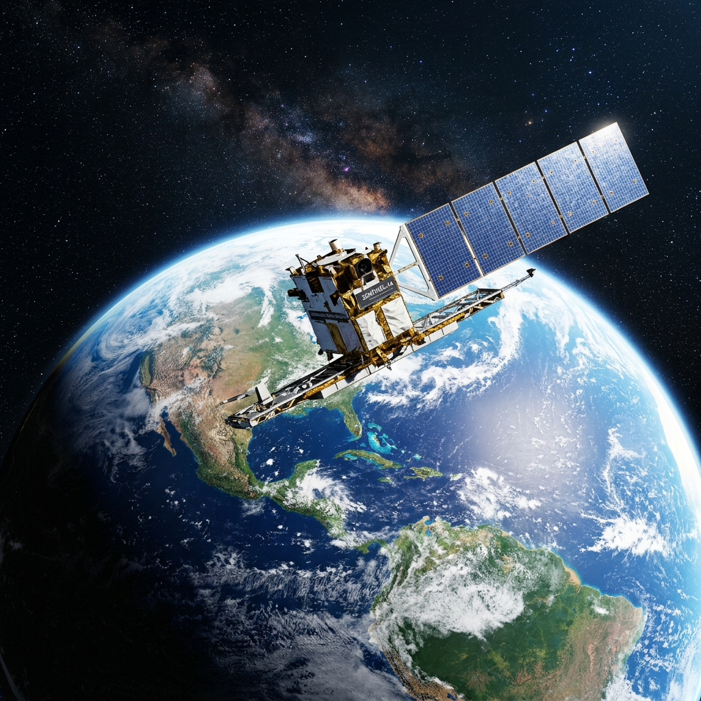 Satellite with solar panels orbiting above Earth and the Americas
