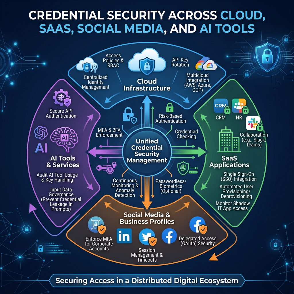 Infographic titled “Credential Security Across Cloud, SaaS, Social Media, and AI Tools,” centered on Unified Credential Security Management with cloud, SaaS, social media, and AI security controls.