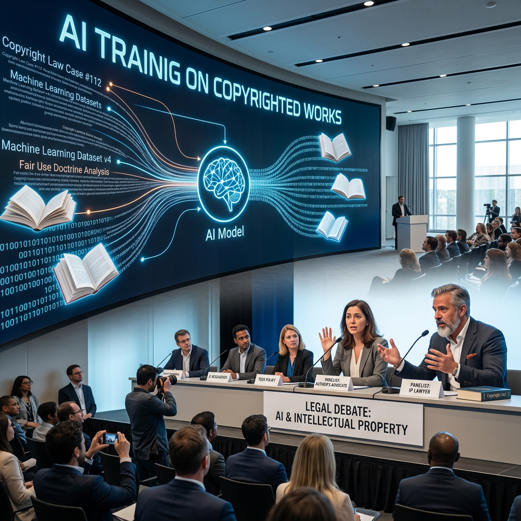 Panel discussion titled “Legal Debate: AI & Intellectual Property” beneath “AI Training on Copyrighted Works”